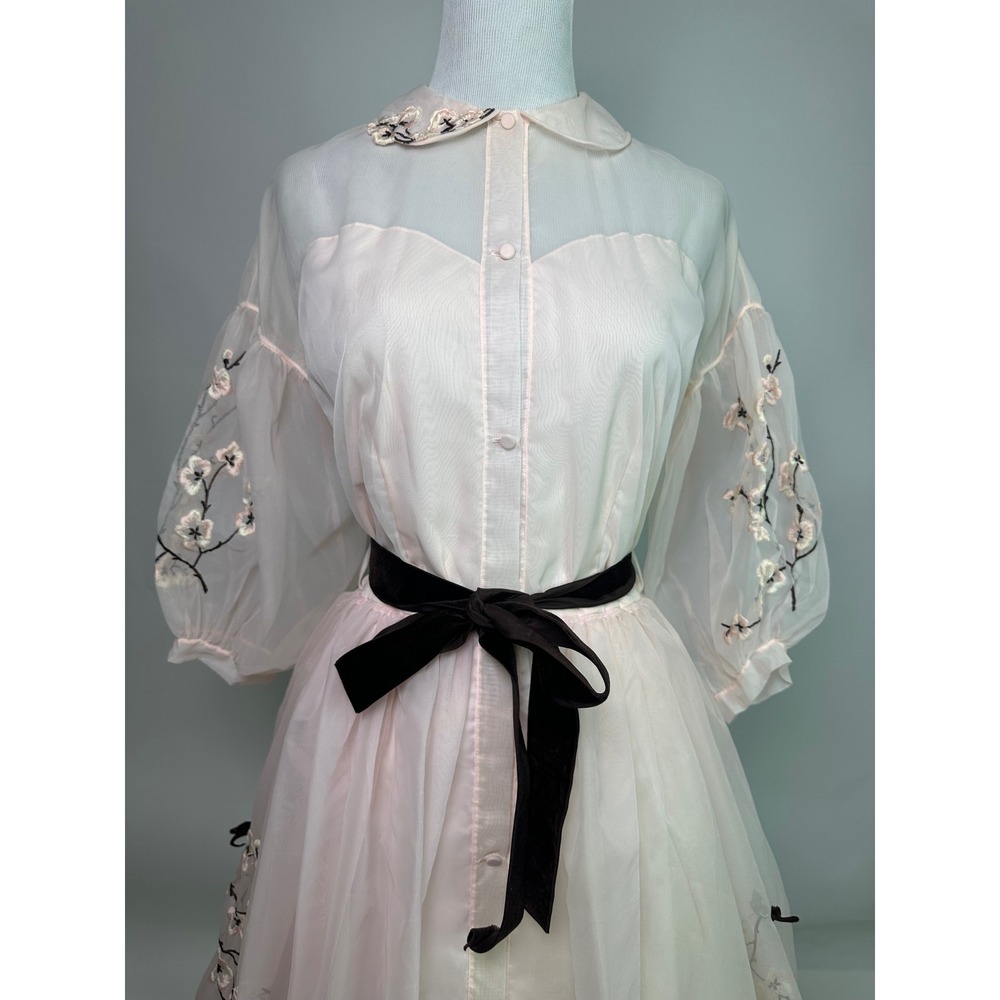 Eyeful by Ruth Flan Pink Nylon Organza Embroidered Dress Heart Neckline Vintage - Picture 5 of 11